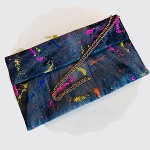 VINTAGE 80’s SPLATTER PAINT DENIM LEOPARD CLUTCH CHAIN PURSE BAG